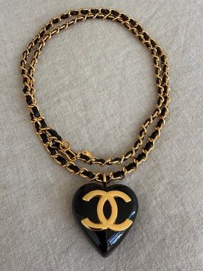 Vintage CHANEL Black and Gold Heart CC Pendant Necklace